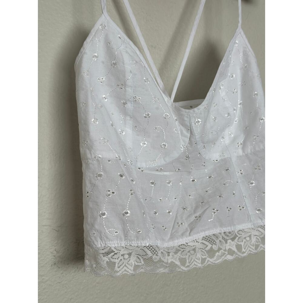 Handmade White Eyelet Lace Tank Top w Lace Trim Coquette Ruched Back - Picture 6 of 6